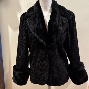 Pamela McCoy Couture Medium Faux Persian Lamb Black Faux Fur Trim Jacket